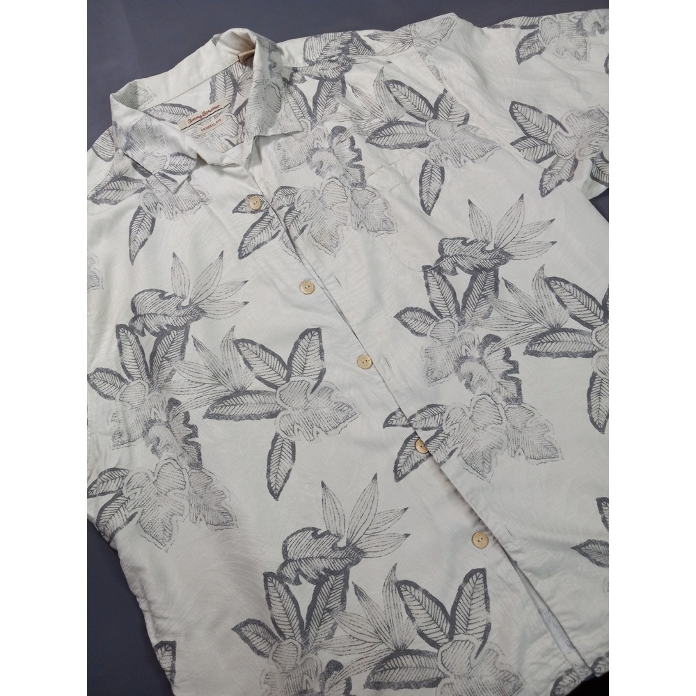 Tommy Bahama 100% Silk Camp Shirt‎ XXL Gray White Tropical Etched Palm Resort